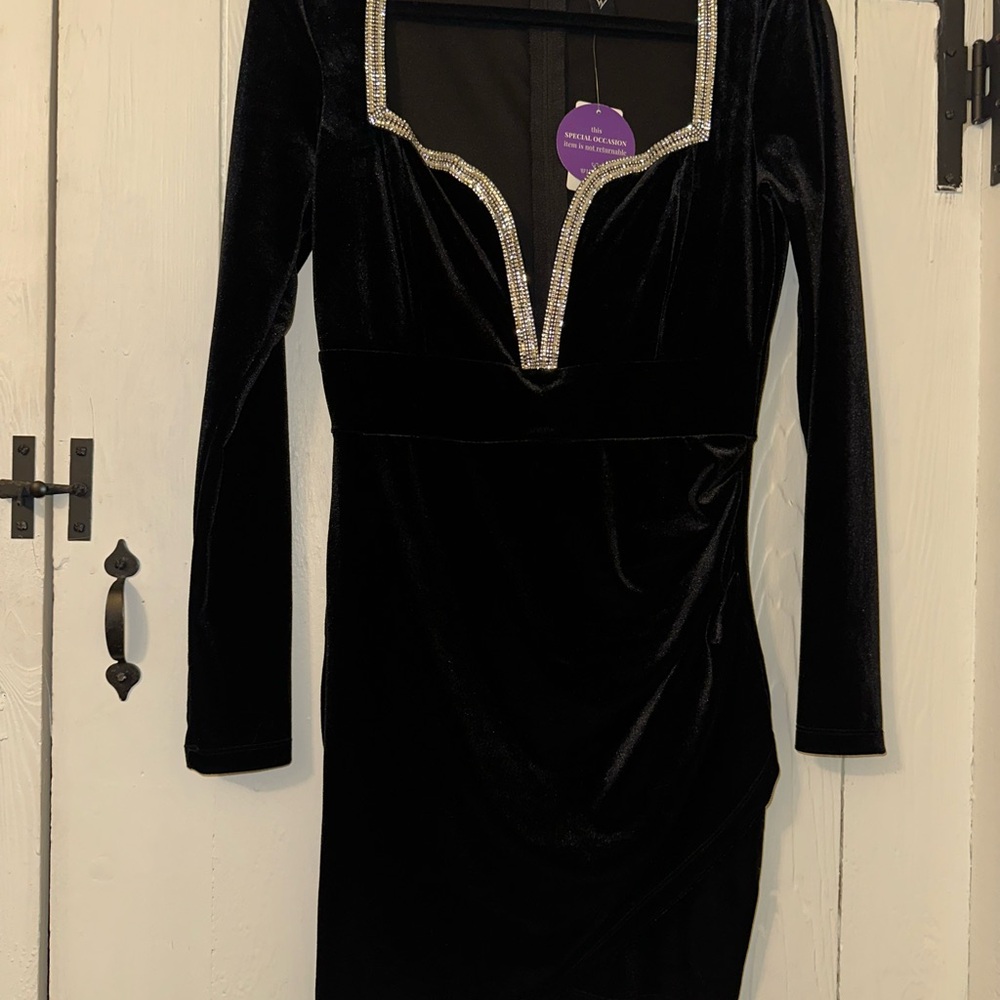 Elegant Black Velvet Dress with Embellished Neckline